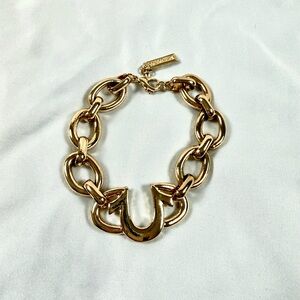 True Religion Gold Tone Horseshoe Logo Chain Bracelet Chunky Statement